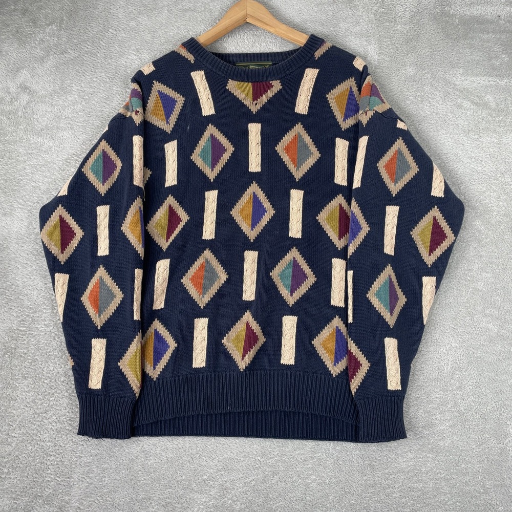 Vintage Croft & Barrow Sweater Mens Small Navy Blue Geometric Diamond Knit 90s